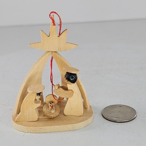 Handcrafted Wooden Nativity Scene Ornament With Red Hanging Loop - Picture 8 of 8